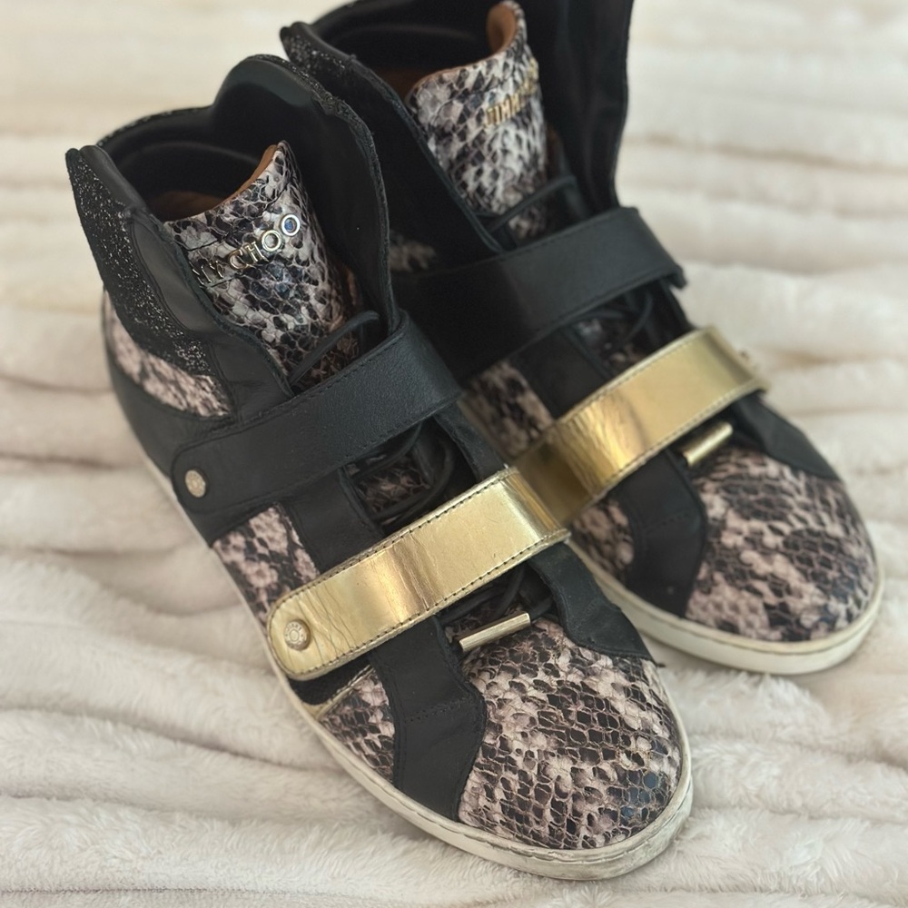Jimmy Choo Black and Gold Snakeskin Print Sneakers